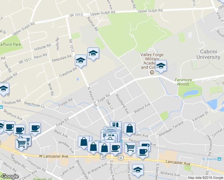 map of restaurants, bars, coffee shops, grocery stores, and more near 723 Eagle Road in Wayne