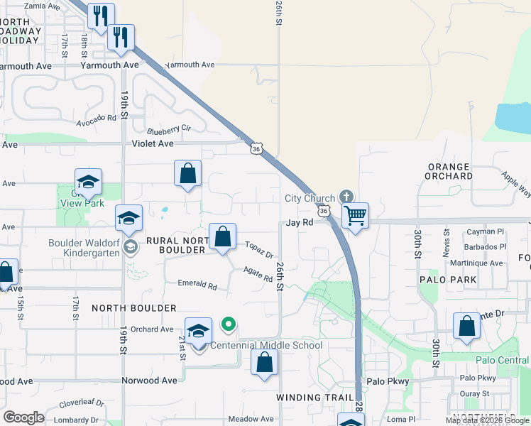 map of restaurants, bars, coffee shops, grocery stores, and more near 4224 Tamarack Court in Boulder