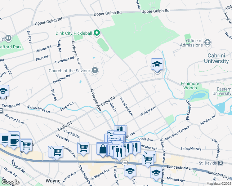 map of restaurants, bars, coffee shops, grocery stores, and more near 723 Eagle Road in Wayne