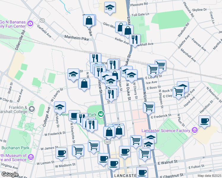 map of restaurants, bars, coffee shops, grocery stores, and more near 840 North Queen Street in Lancaster