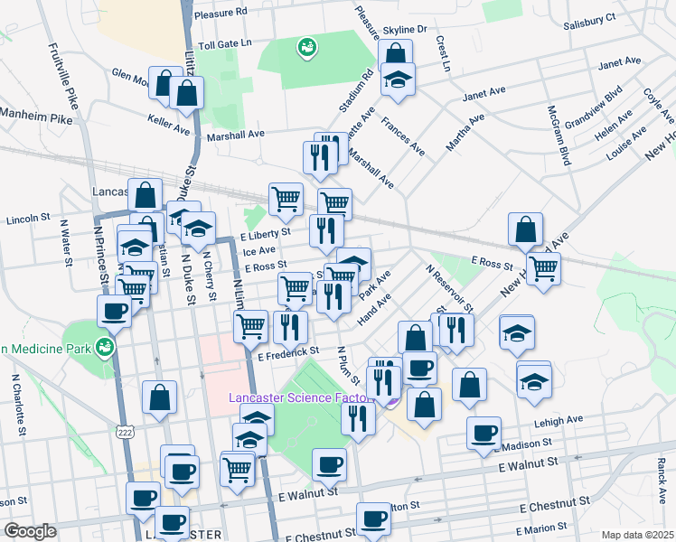 map of restaurants, bars, coffee shops, grocery stores, and more near 408 Rock Street in Lancaster