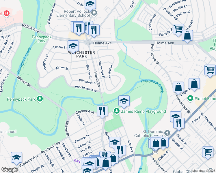 map of restaurants, bars, coffee shops, grocery stores, and more near 3163 Stanwood Street in Philadelphia