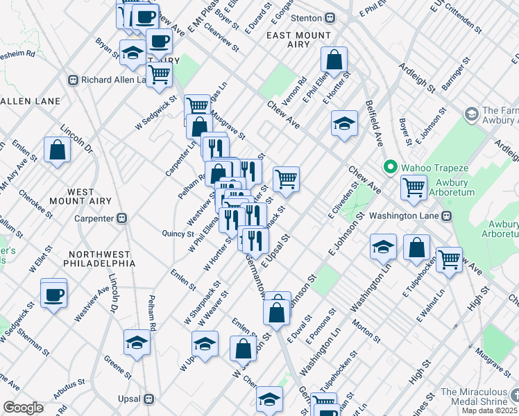 map of restaurants, bars, coffee shops, grocery stores, and more near East Montana Street in Philadelphia