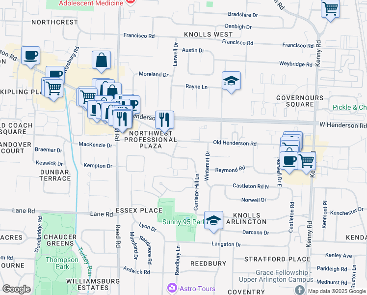 map of restaurants, bars, coffee shops, grocery stores, and more near 4600 Sandringham Drive in Upper Arlington