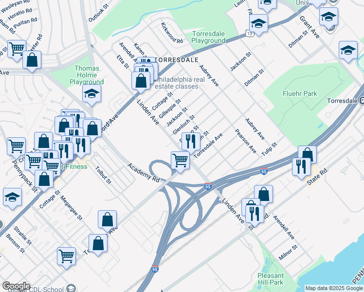 map of restaurants, bars, coffee shops, grocery stores, and more near 4605 Linden Avenue in Philadelphia