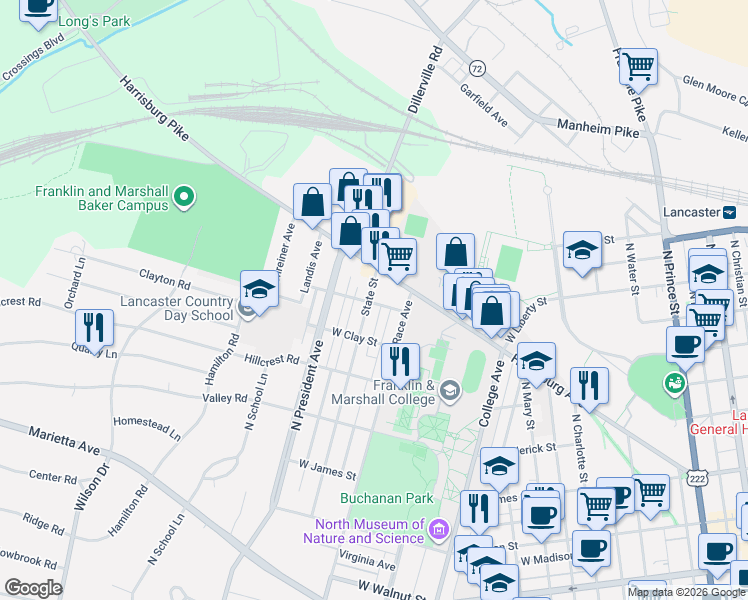 map of restaurants, bars, coffee shops, grocery stores, and more near 901 State Street in Lancaster