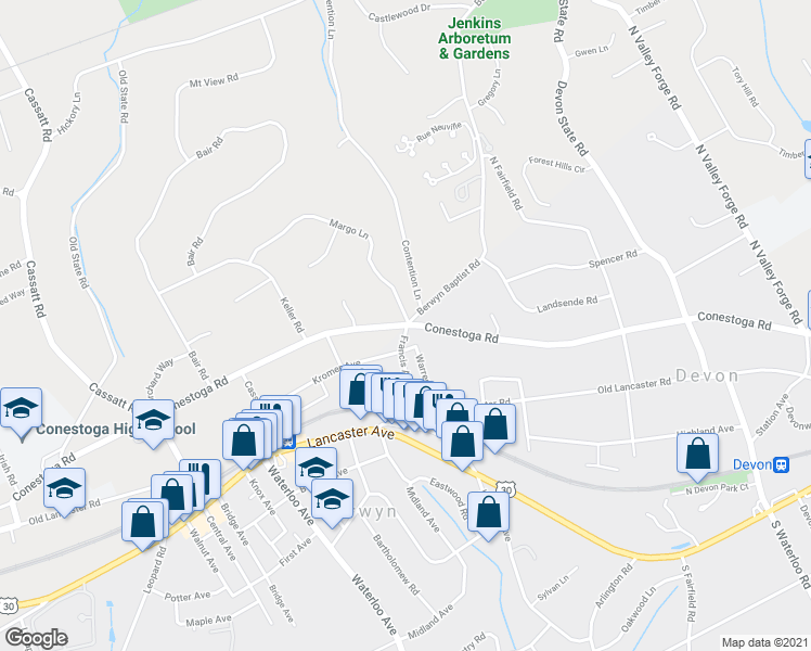 map of restaurants, bars, coffee shops, grocery stores, and more near 421 Conestoga Road in Berwyn