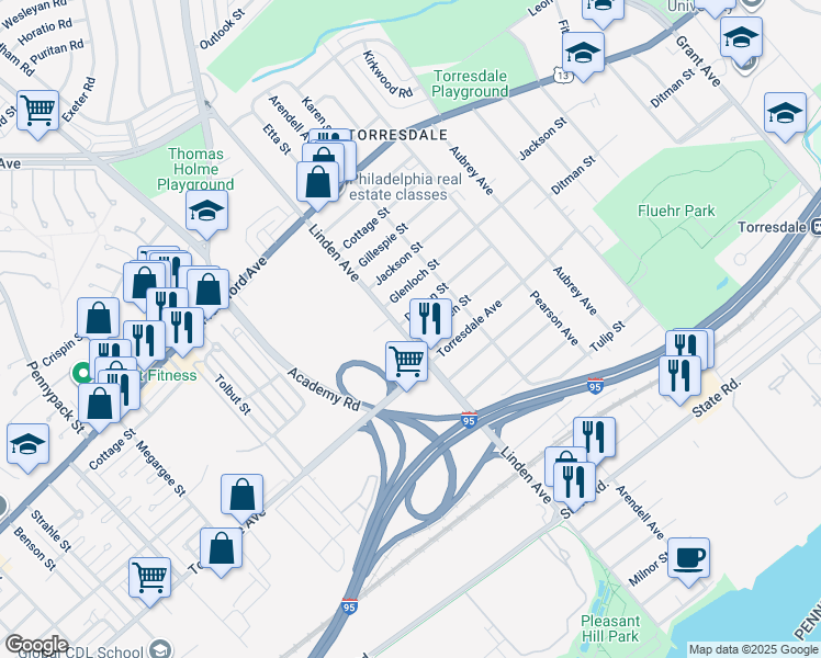 map of restaurants, bars, coffee shops, grocery stores, and more near 4605 Linden Avenue in Philadelphia