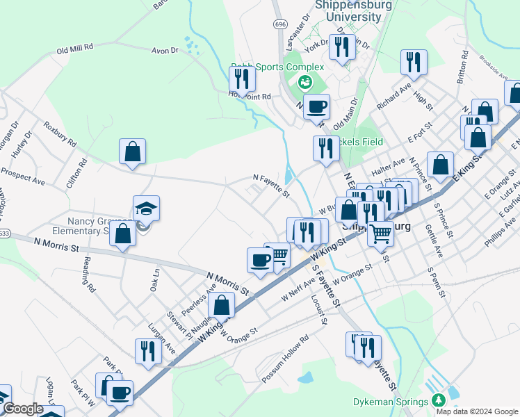map of restaurants, bars, coffee shops, grocery stores, and more near 203 Roxbury Road in Shippensburg
