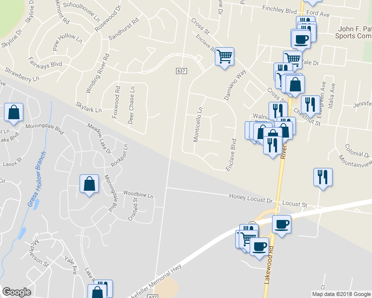 map of restaurants, bars, coffee shops, grocery stores, and more near 121 Enclave Boulevard in Lakewood Township