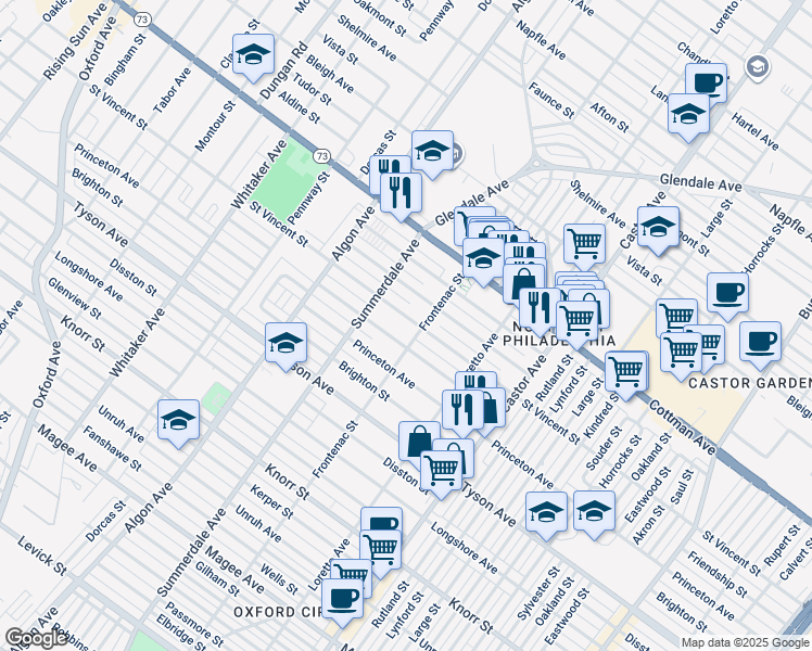 map of restaurants, bars, coffee shops, grocery stores, and more near 1234 Saint Vincent Street in Philadelphia