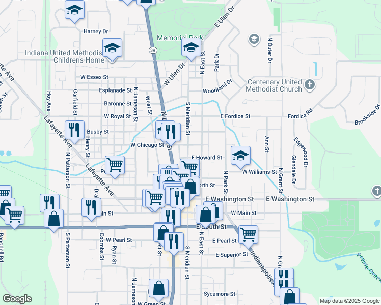 map of restaurants, bars, coffee shops, grocery stores, and more near 509 North Meridian Street in Lebanon