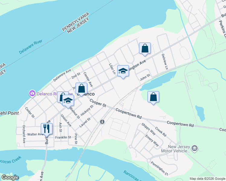 map of restaurants, bars, coffee shops, grocery stores, and more near 1105 Hickory Street in Delanco