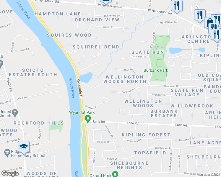 map of restaurants, bars, coffee shops, grocery stores, and more near 2680 Sandover Road in Columbus