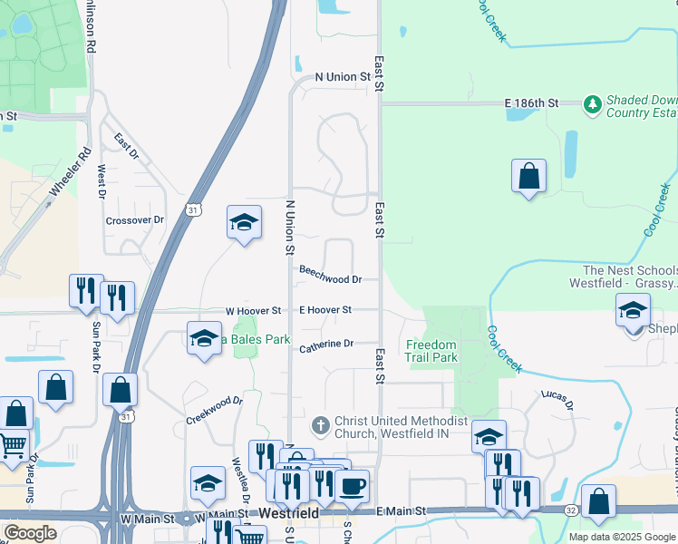 map of restaurants, bars, coffee shops, grocery stores, and more near 220 Beechwood Drive in Westfield