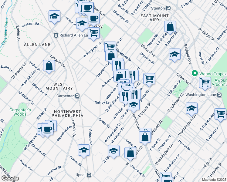 map of restaurants, bars, coffee shops, grocery stores, and more near 32 Westview Street in Philadelphia