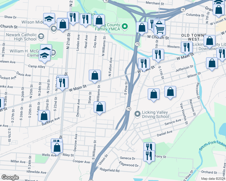map of restaurants, bars, coffee shops, grocery stores, and more near 96 Maholm Street in Newark