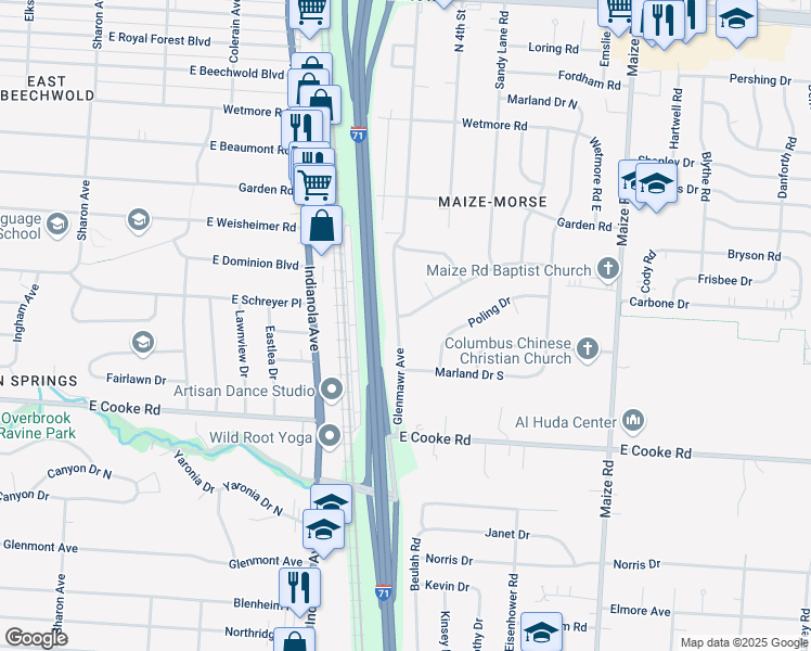 map of restaurants, bars, coffee shops, grocery stores, and more near 4242 Glenmawr Avenue in Columbus