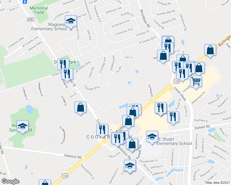 map of restaurants, bars, coffee shops, grocery stores, and more near 97 Benford Lane in Edgewater Park