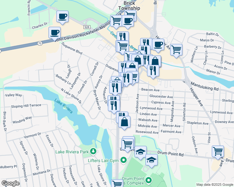 map of restaurants, bars, coffee shops, grocery stores, and more near 433 Cornell Drive in Brick Township