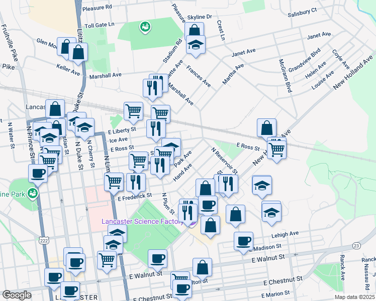 map of restaurants, bars, coffee shops, grocery stores, and more near 611 Park Avenue in Lancaster
