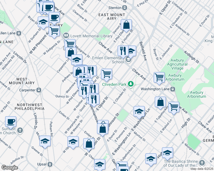 map of restaurants, bars, coffee shops, grocery stores, and more near 140 East Sharpnack Street in Philadelphia