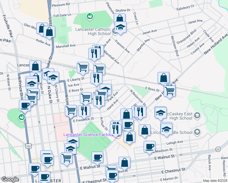 map of restaurants, bars, coffee shops, grocery stores, and more near 812 North Ann Street in Lancaster