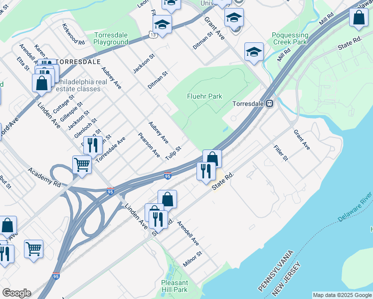 map of restaurants, bars, coffee shops, grocery stores, and more near 9543 Tulip Street in Philadelphia