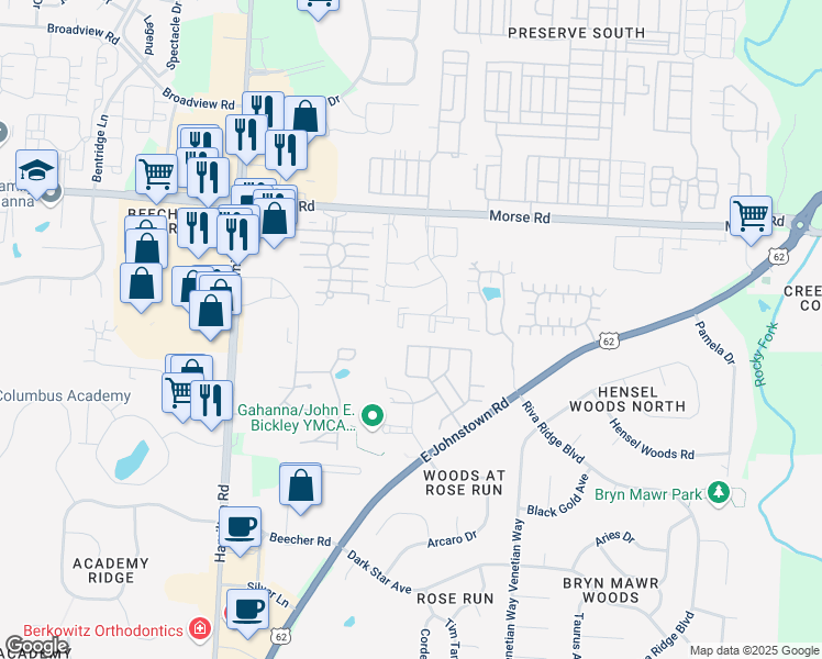 map of restaurants, bars, coffee shops, grocery stores, and more near 1268 Tobey Drive in Gahanna