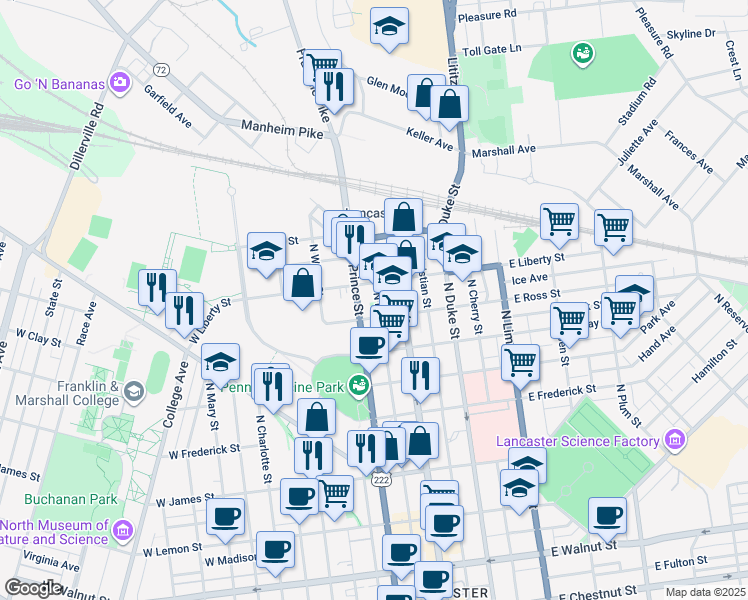 map of restaurants, bars, coffee shops, grocery stores, and more near 860 North Market Street in Lancaster