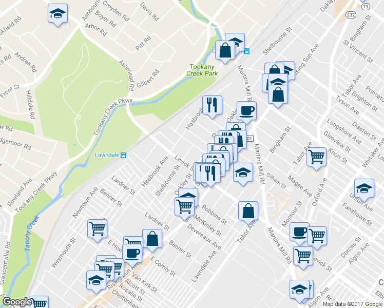 map of restaurants, bars, coffee shops, grocery stores, and more near 6427 Shelbourne St in Philadelphia
