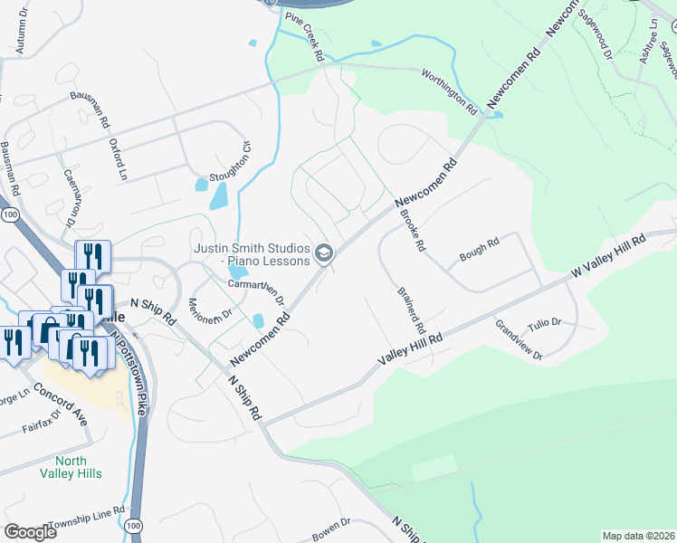 map of restaurants, bars, coffee shops, grocery stores, and more near 508 Newcomen Road in Exton