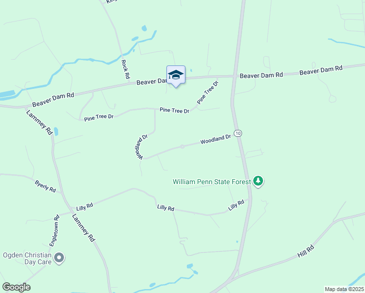 map of restaurants, bars, coffee shops, grocery stores, and more near Woodland Drive in Chester County