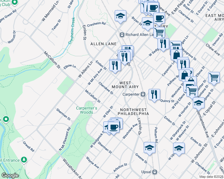 map of restaurants, bars, coffee shops, grocery stores, and more near 433 Glen Echo Road in Philadelphia