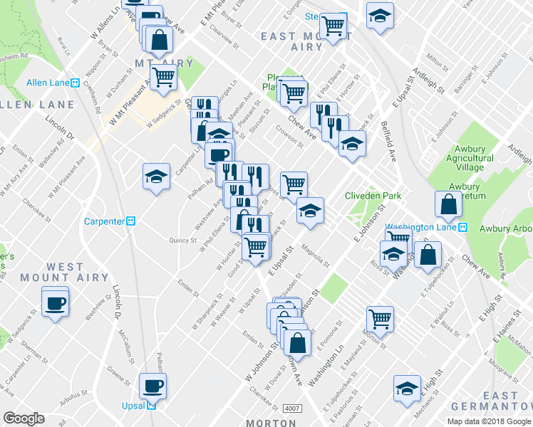 map of restaurants, bars, coffee shops, grocery stores, and more near 73 Montana Street in Philadelphia
