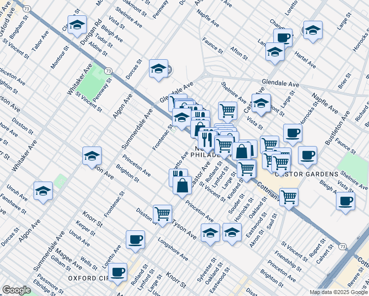 map of restaurants, bars, coffee shops, grocery stores, and more near 1352 Englewood Street in Philadelphia