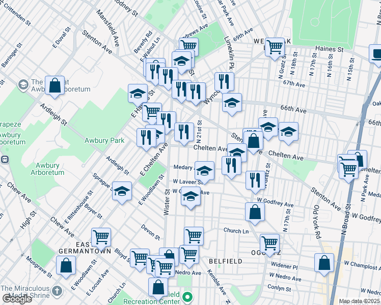 map of restaurants, bars, coffee shops, grocery stores, and more near 6337 North Norwood Street in Philadelphia