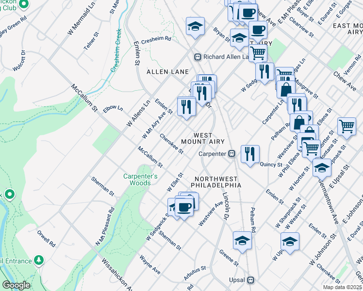 map of restaurants, bars, coffee shops, grocery stores, and more near 433 Glen Echo Road in Philadelphia