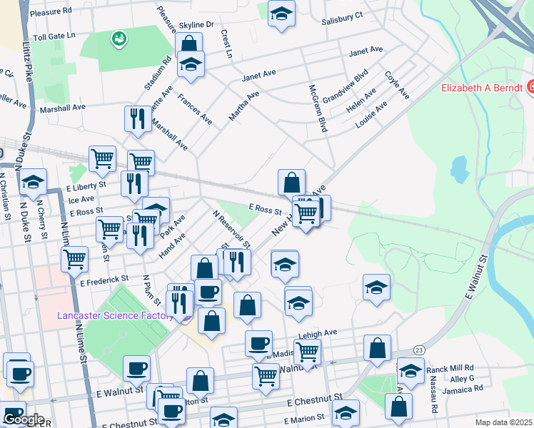 map of restaurants, bars, coffee shops, grocery stores, and more near 762 Hamilton St in Lancaster