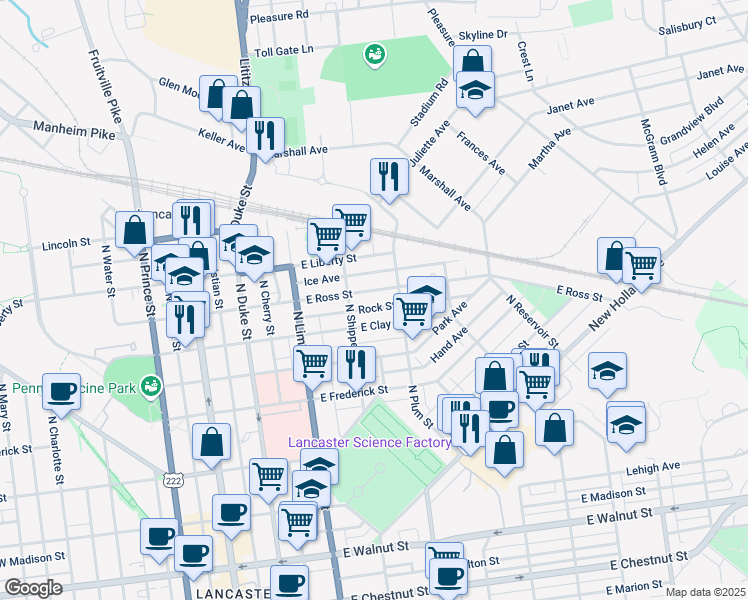 map of restaurants, bars, coffee shops, grocery stores, and more near 328 East Ross Street in Lancaster