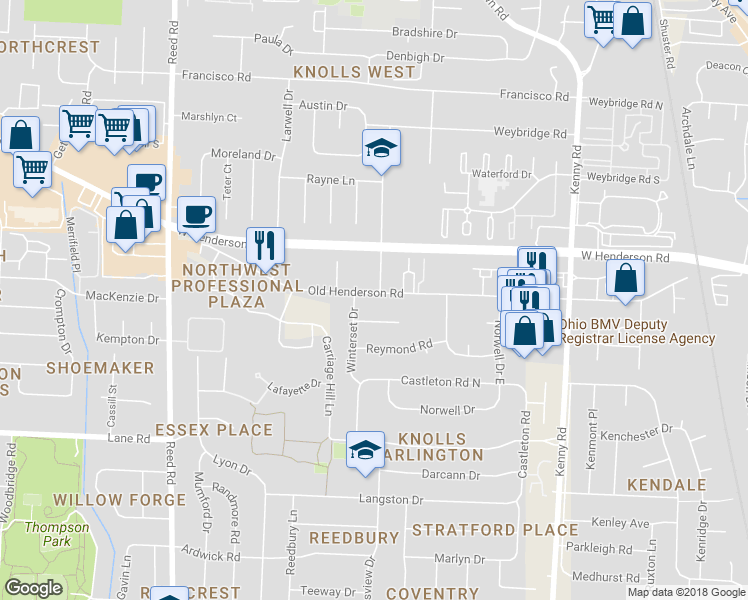 map of restaurants, bars, coffee shops, grocery stores, and more near 1443 Old Henderson Road in Columbus