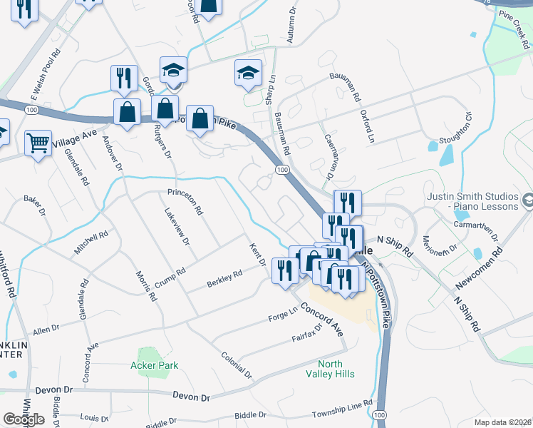 map of restaurants, bars, coffee shops, grocery stores, and more near 116 Heritage Lane in Exton