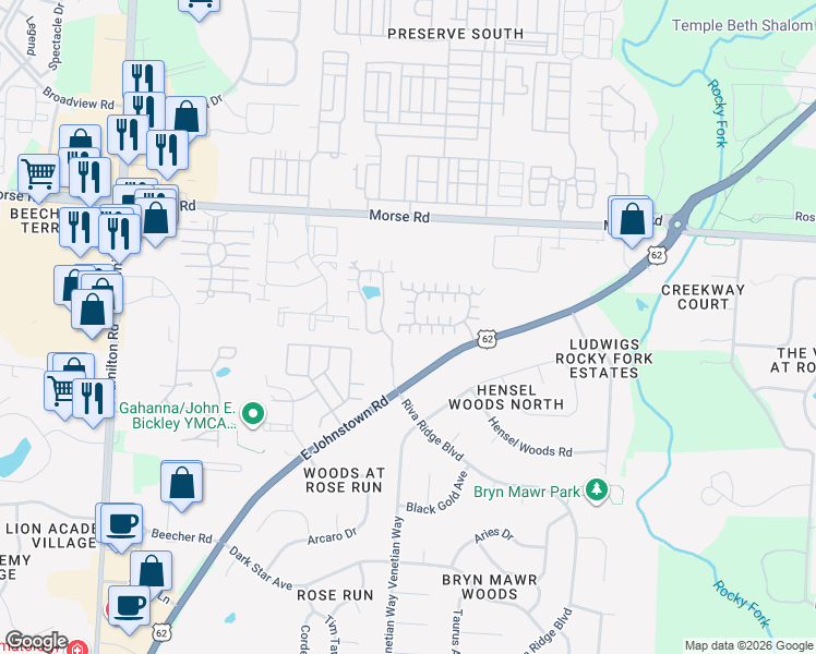 map of restaurants, bars, coffee shops, grocery stores, and more near 743 Windward Way in Gahanna