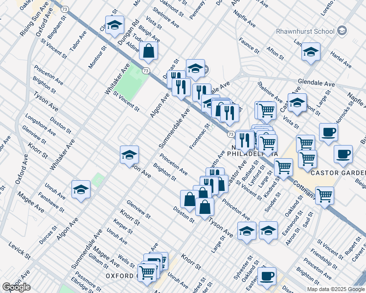 map of restaurants, bars, coffee shops, grocery stores, and more near 1234 Saint Vincent Street in Philadelphia