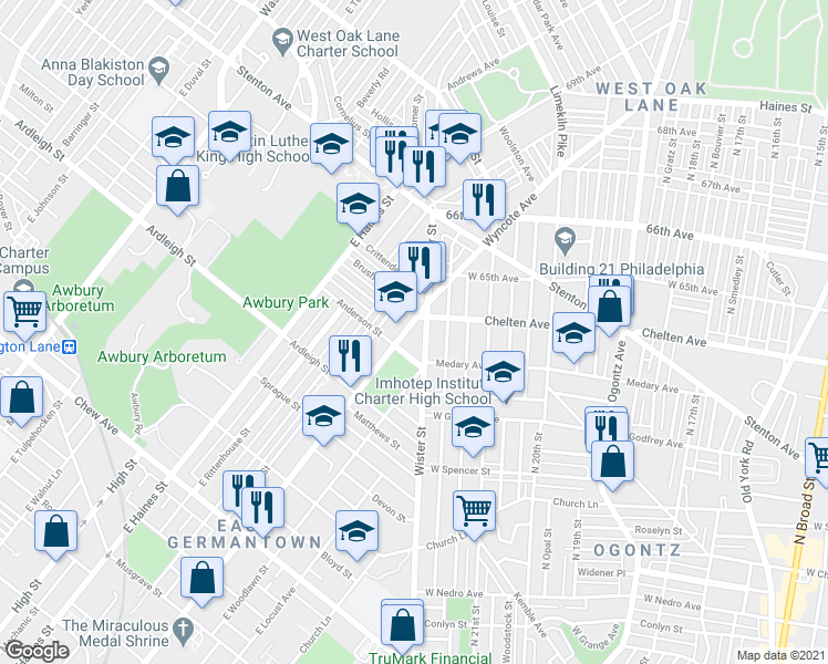 map of restaurants, bars, coffee shops, grocery stores, and more near 1215 East Chelten Avenue in Philadelphia