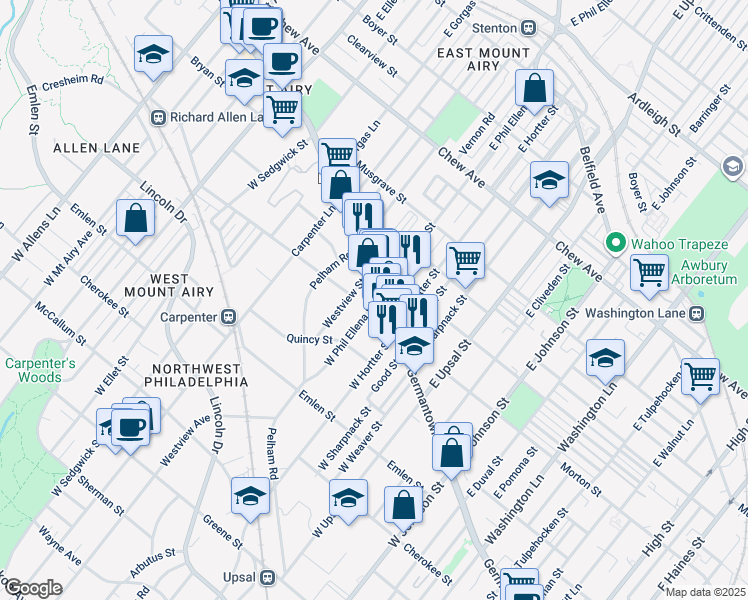 map of restaurants, bars, coffee shops, grocery stores, and more near 11 West Phil Ellena Street in Philadelphia