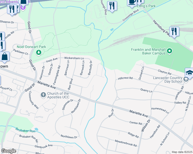 map of restaurants, bars, coffee shops, grocery stores, and more near 743 Barrholly Drive in Lancaster