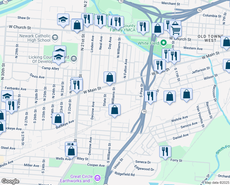 map of restaurants, bars, coffee shops, grocery stores, and more near 130 Maholm Street in Newark