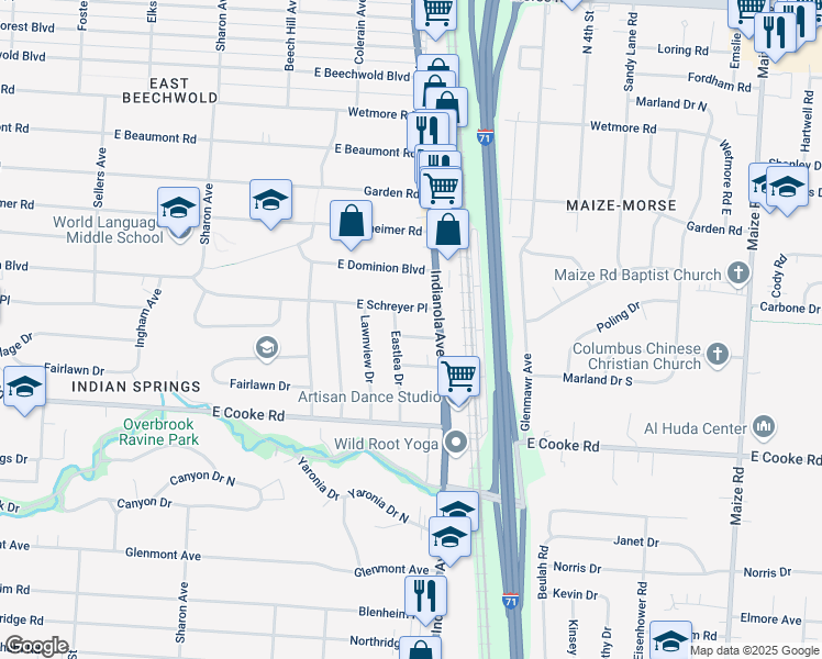 map of restaurants, bars, coffee shops, grocery stores, and more near 706 Springs Drive in Columbus