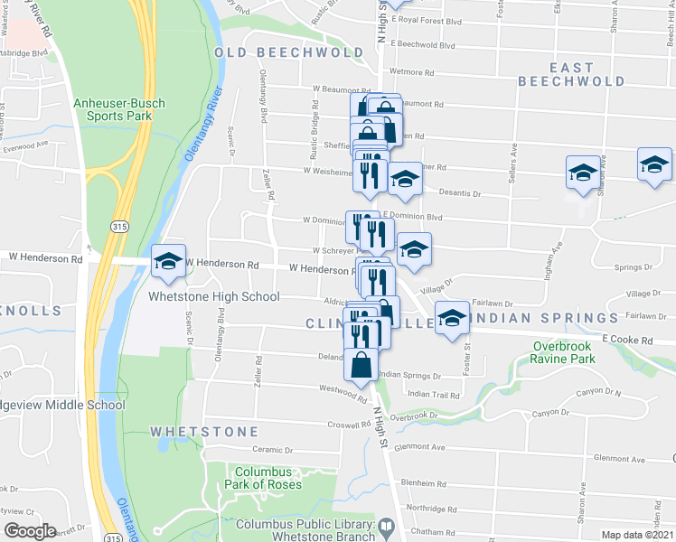 map of restaurants, bars, coffee shops, grocery stores, and more near 301 Fenway Road in Columbus